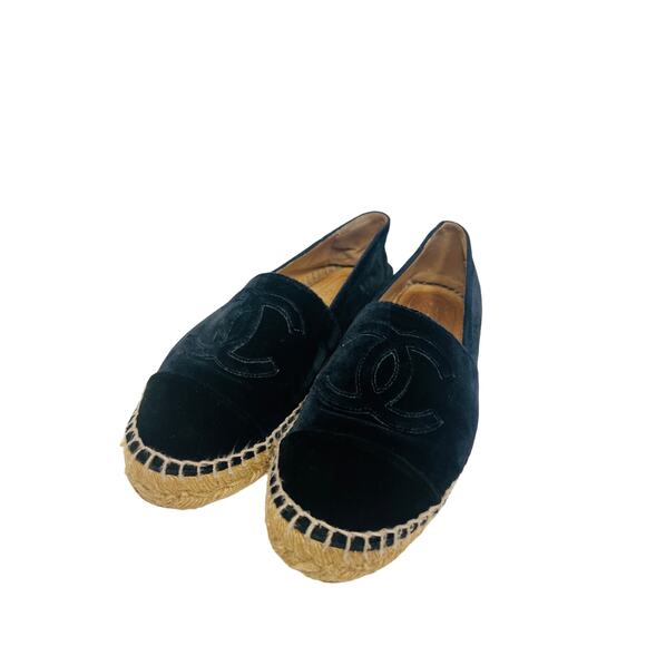 CHANEL Navy Blue Velvet CC Logo Cap Toe Espadrilles Monogram Flats Size 37 US 7 - Picture 7 of 9